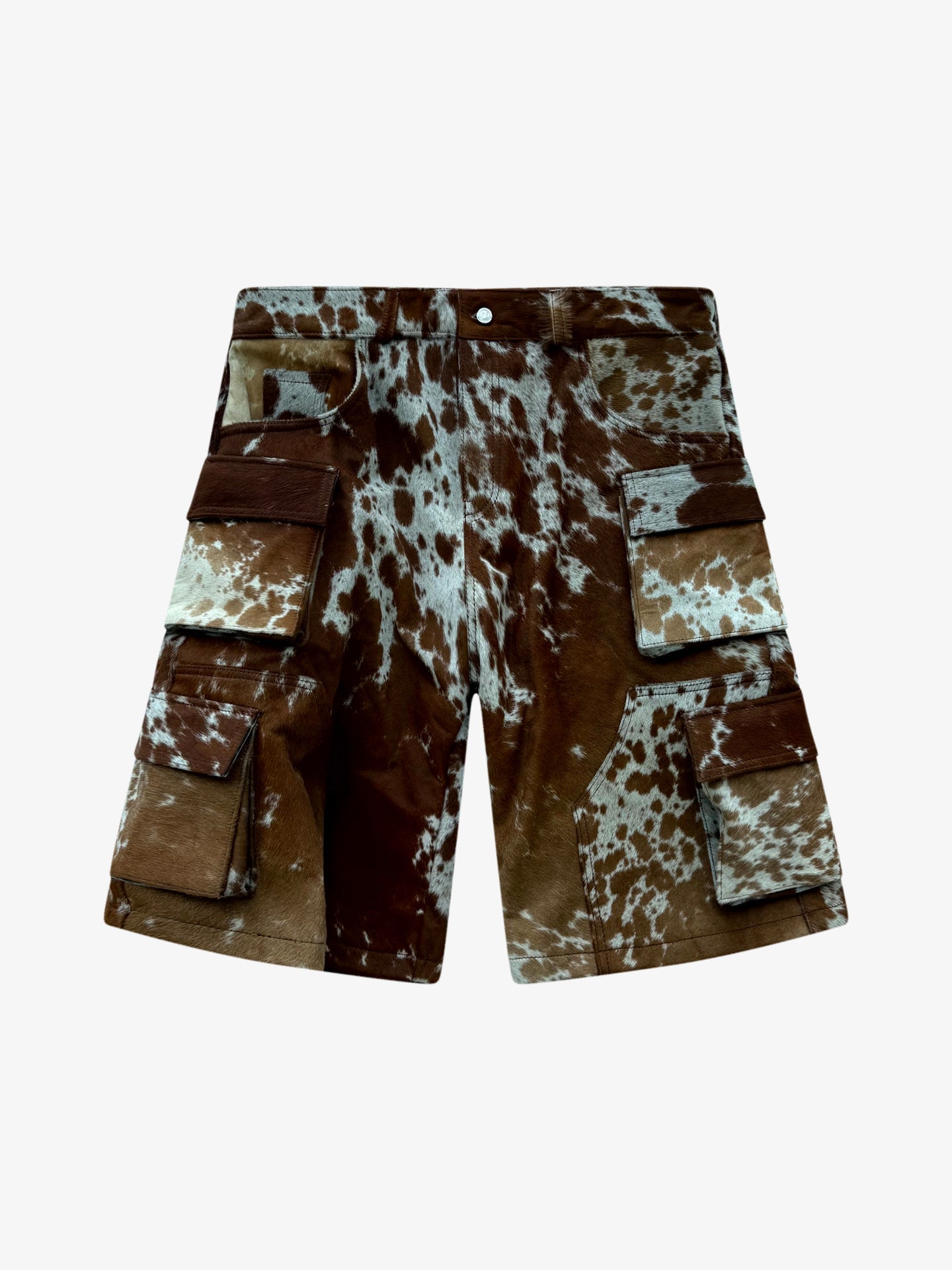 Nyrva Utility Cowhide Cargo Leather Shorts “Tan and White”