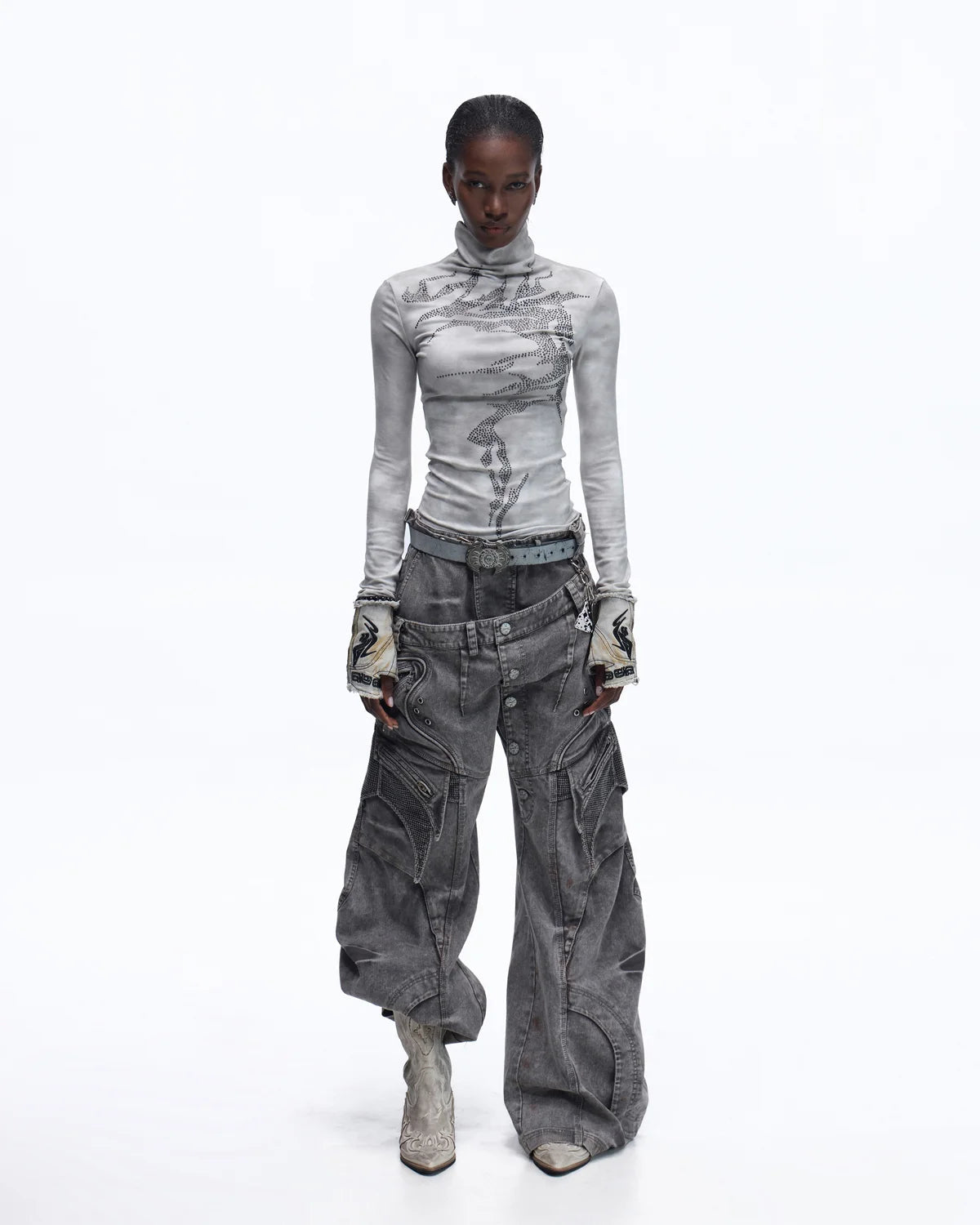 Personsoul Mock Double-Waist Wide-Leg Cargo Pants “Grey”