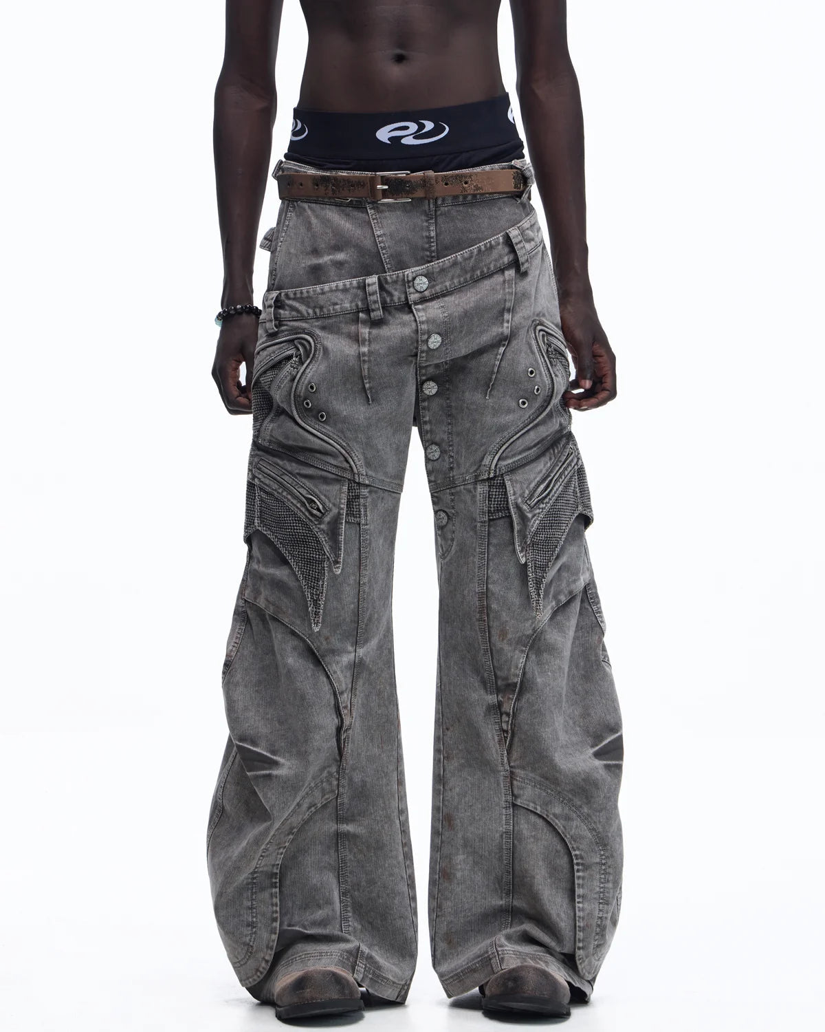 Personsoul Mock Double-Waist Wide-Leg Cargo Pants “Grey”