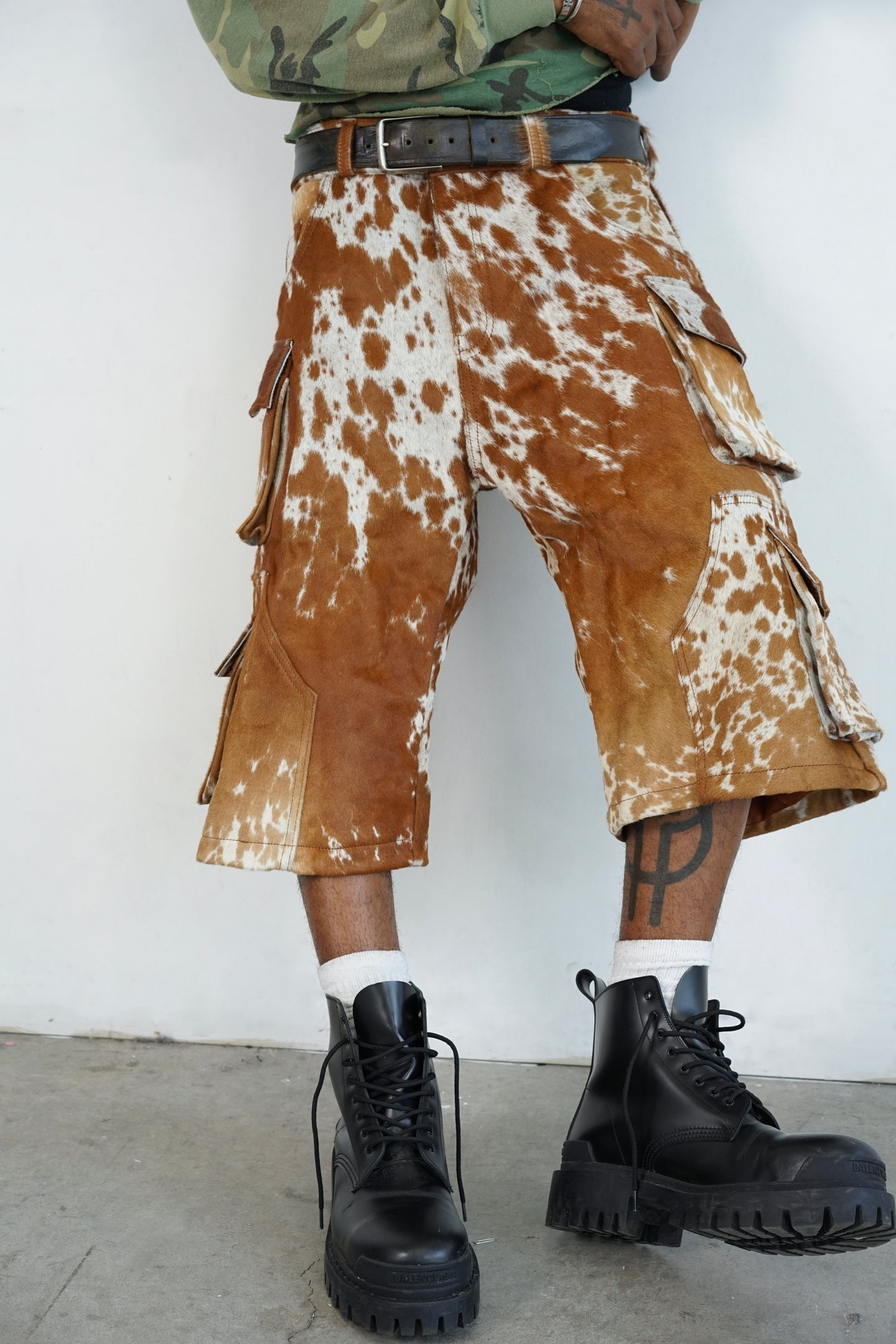 Nyrva Utility Cowhide Cargo Leather Shorts “Tan and White”