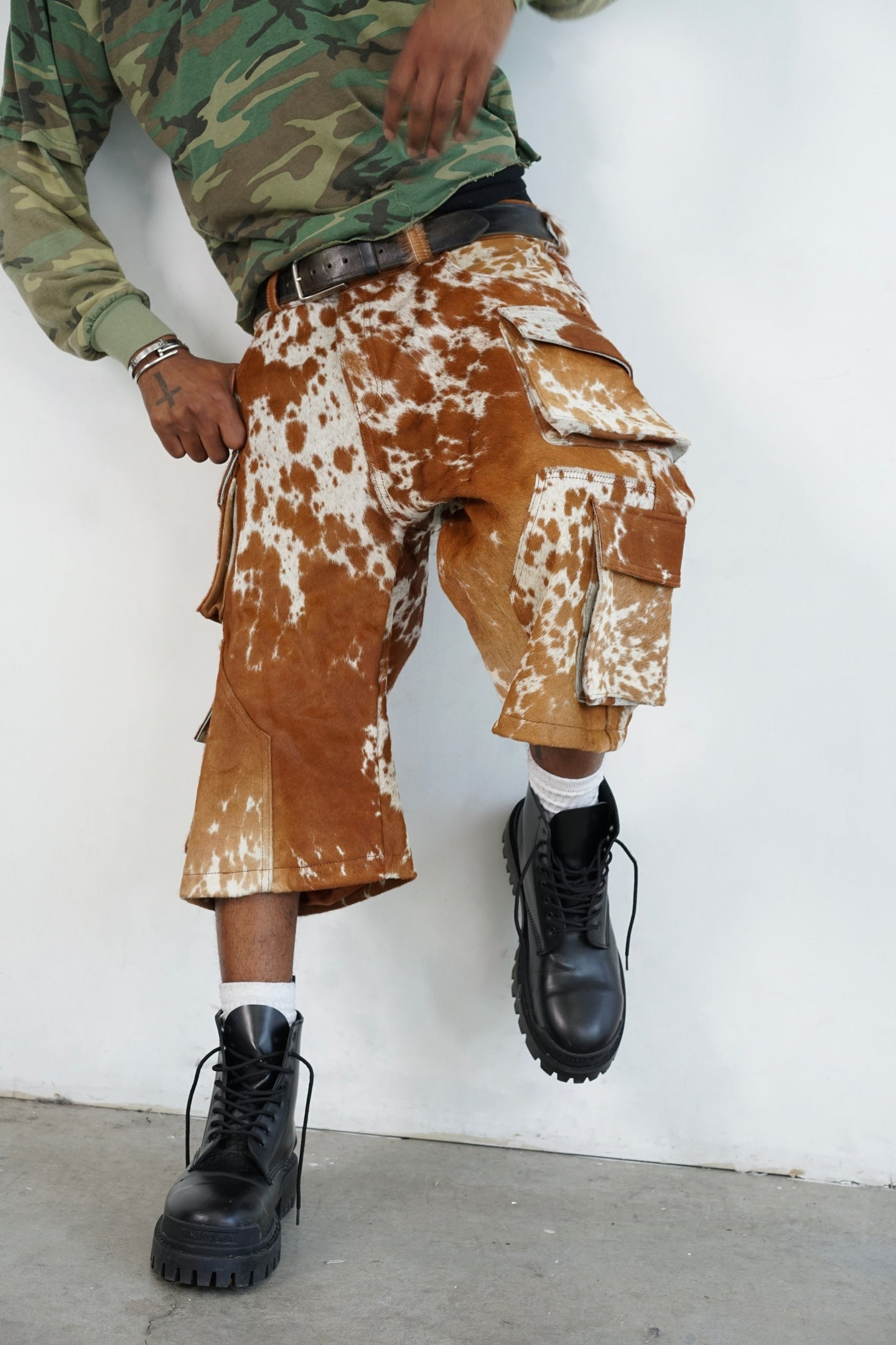 Nyrva Utility Cowhide Cargo Leather Shorts “Tan and White”
