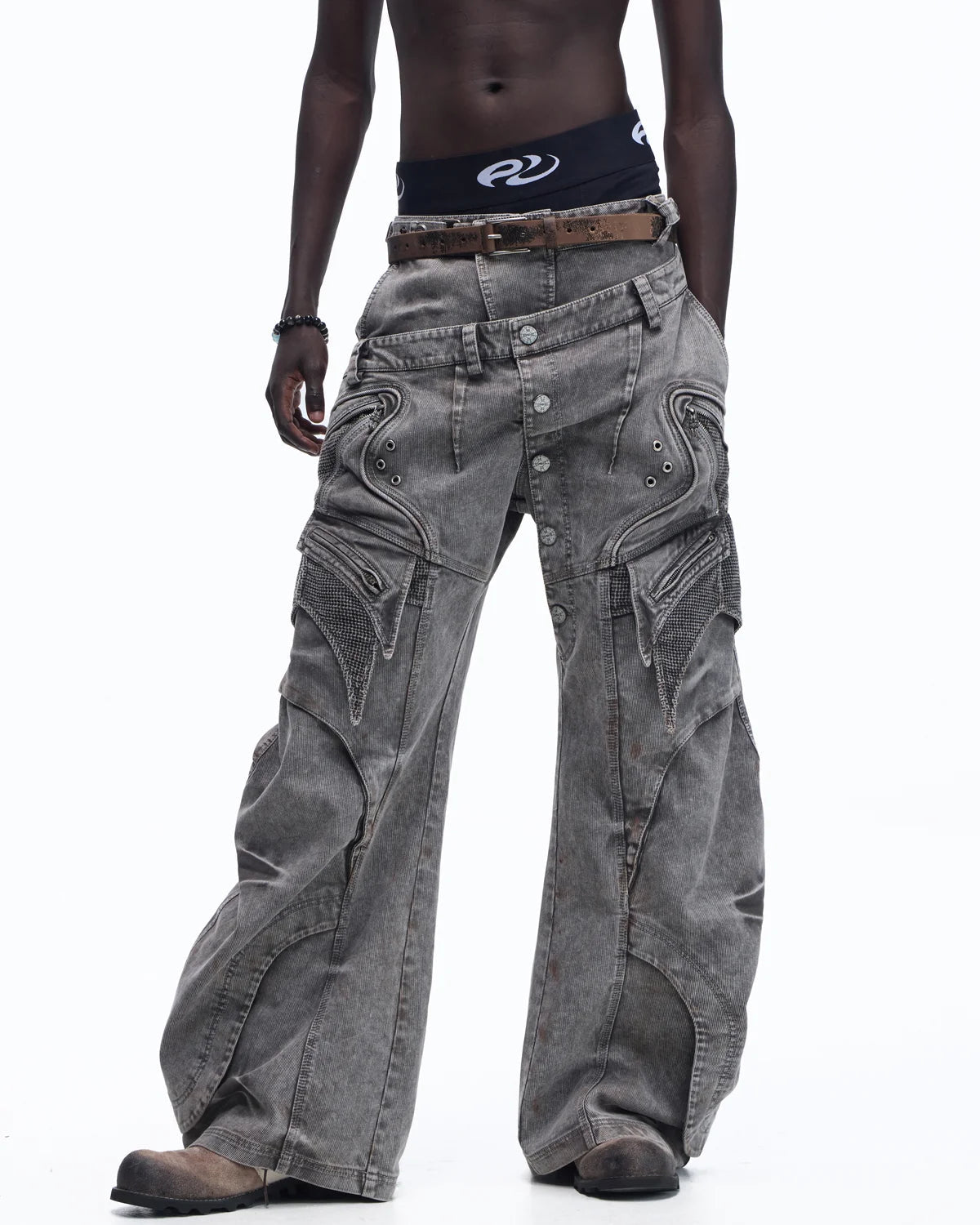 Personsoul Mock Double-Waist Wide-Leg Cargo Pants “Grey”