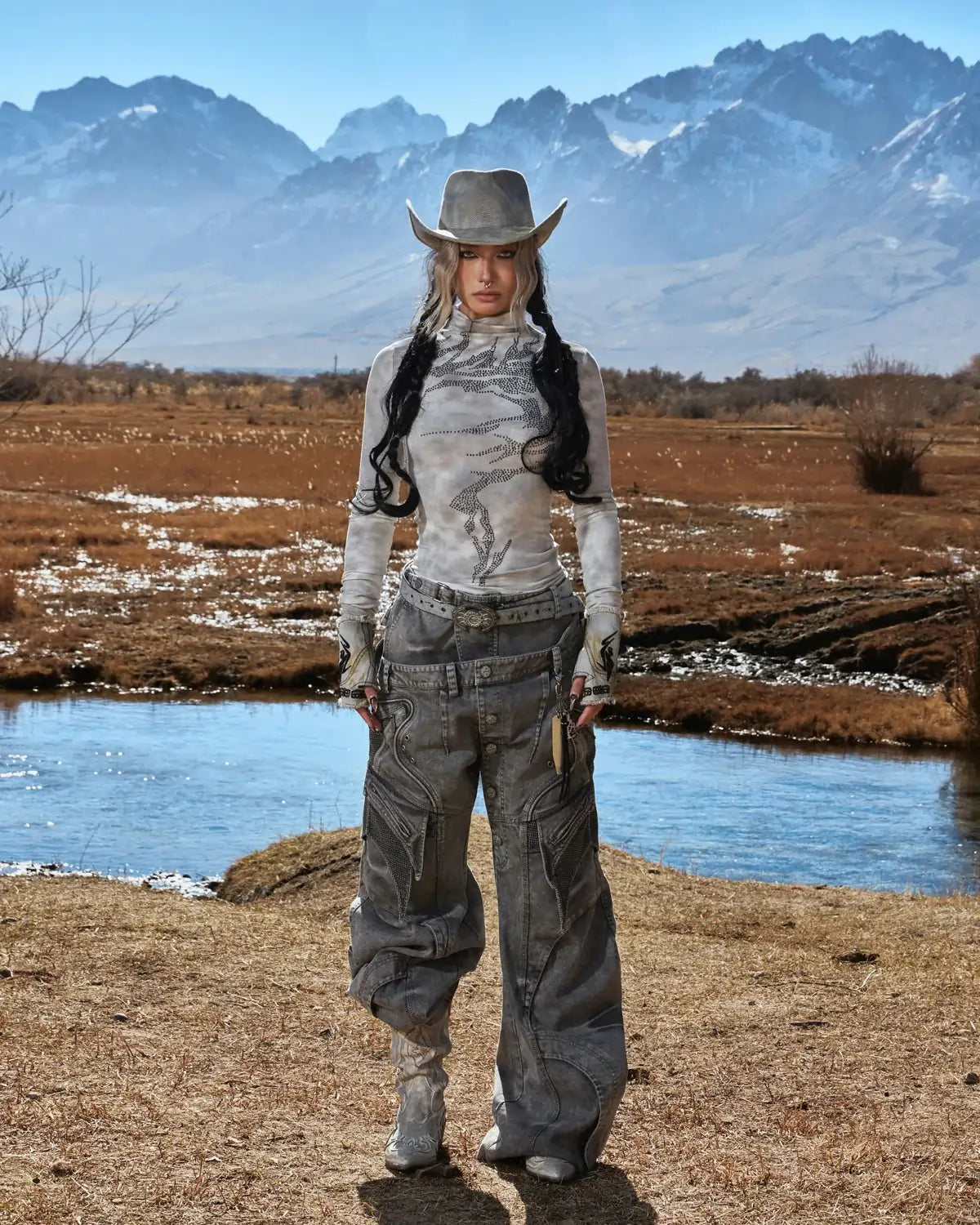 Personsoul Mock Double-Waist Wide-Leg Cargo Pants “Grey”