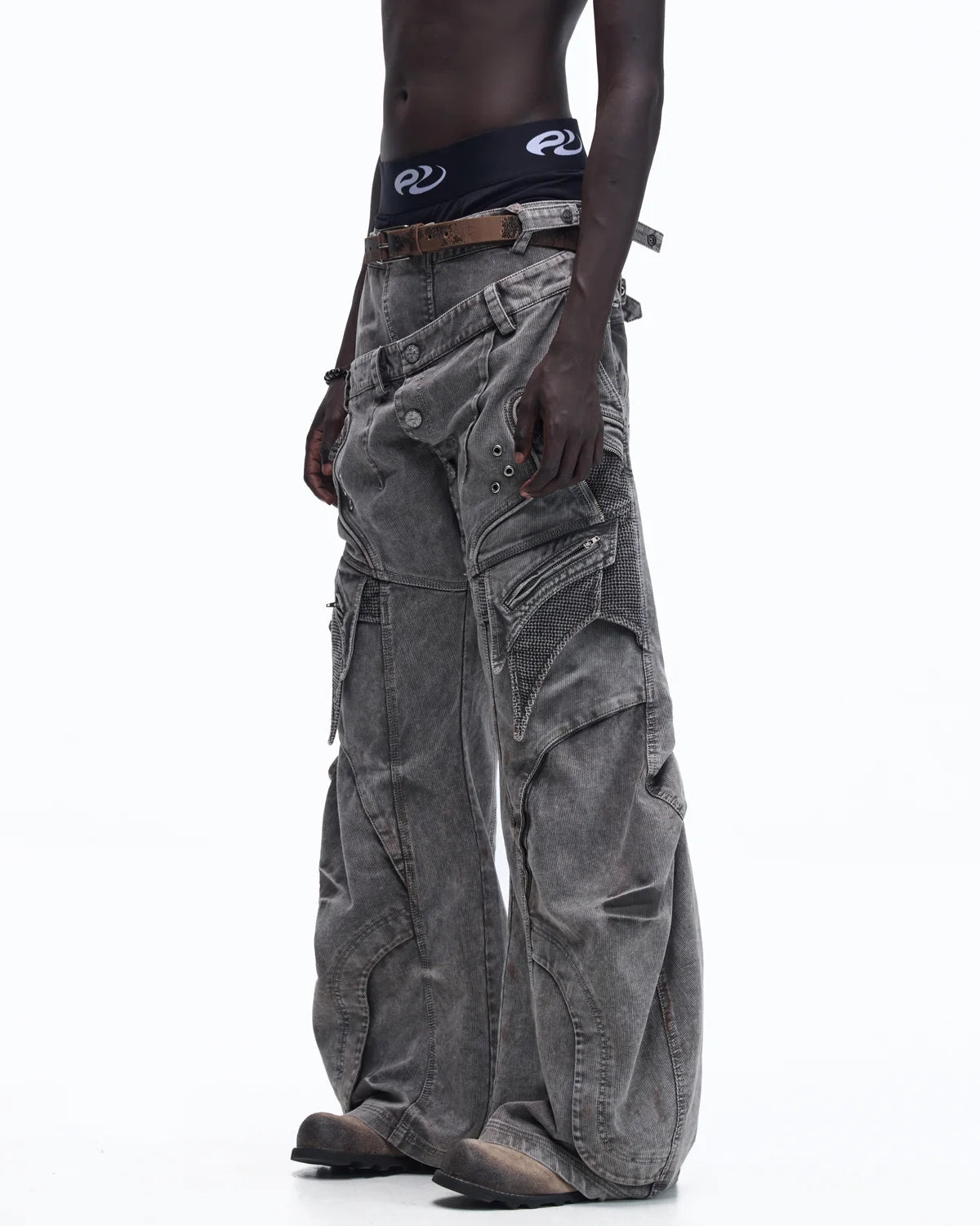 Personsoul Mock Double-Waist Wide-Leg Cargo Pants “Grey”