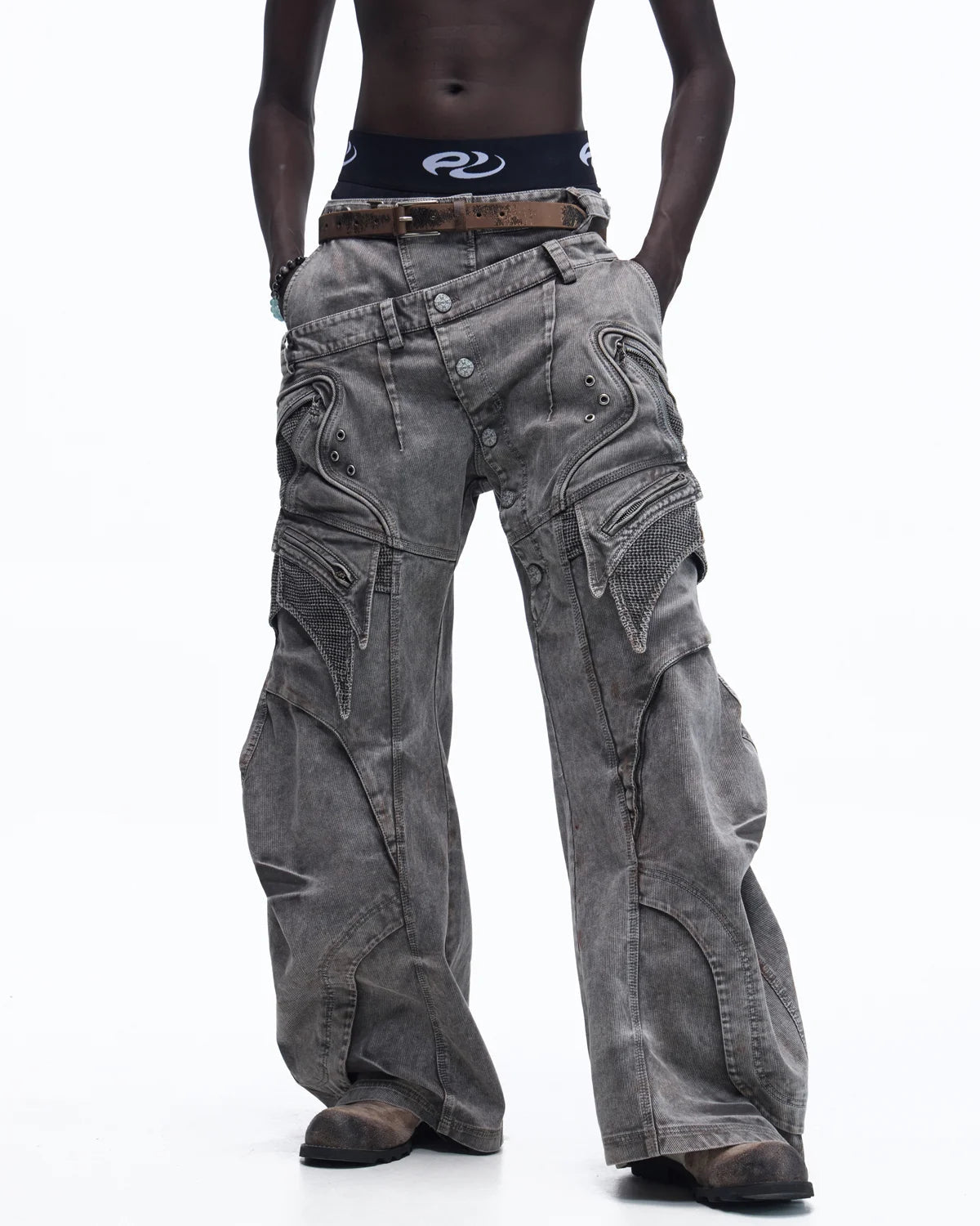 Personsoul Mock Double-Waist Wide-Leg Cargo Pants “Grey”