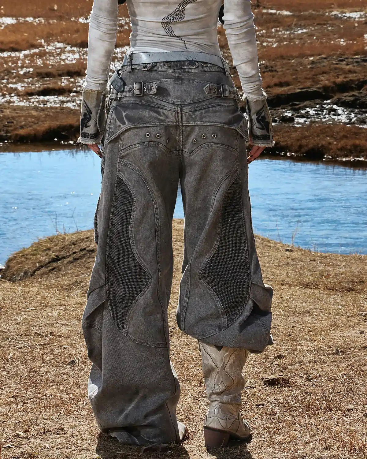 Personsoul Mock Double-Waist Wide-Leg Cargo Pants “Grey”