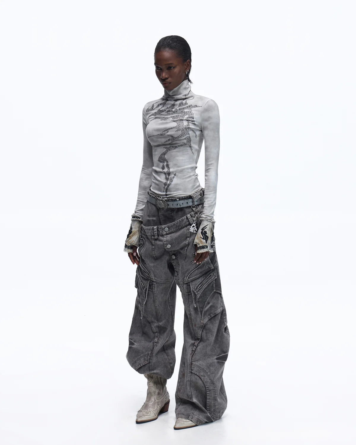 Personsoul Mock Double-Waist Wide-Leg Cargo Pants “Grey”