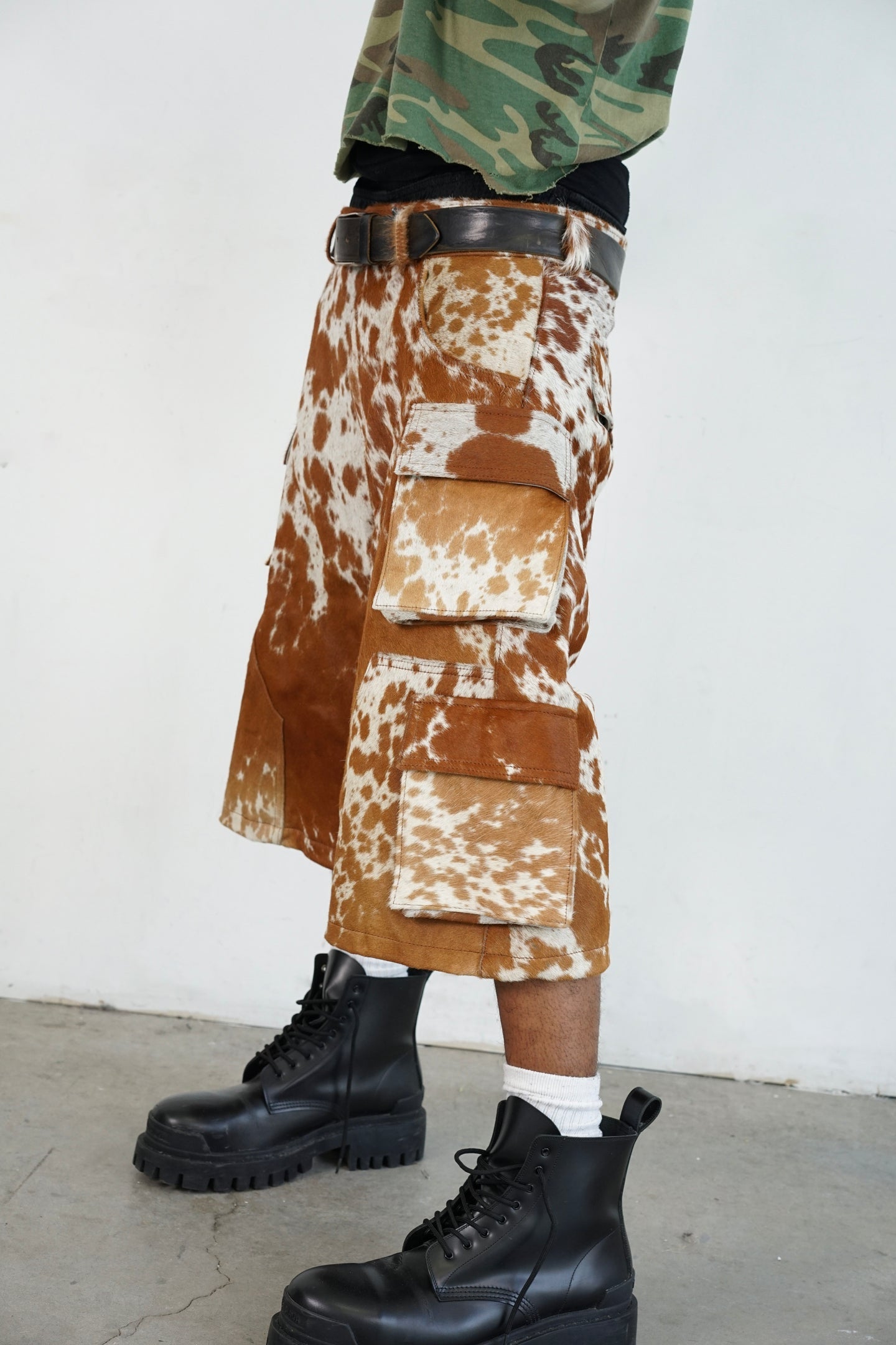 Nyrva Utility Cowhide Cargo Leather Shorts “Tan and White”