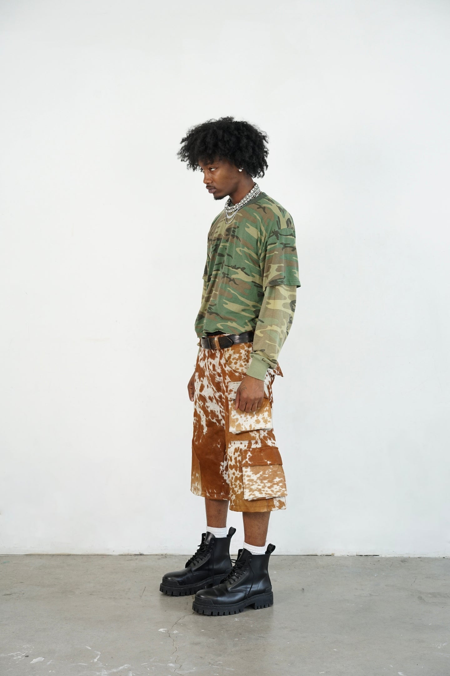 Nyrva Utility Cowhide Cargo Leather Shorts “Tan and White”