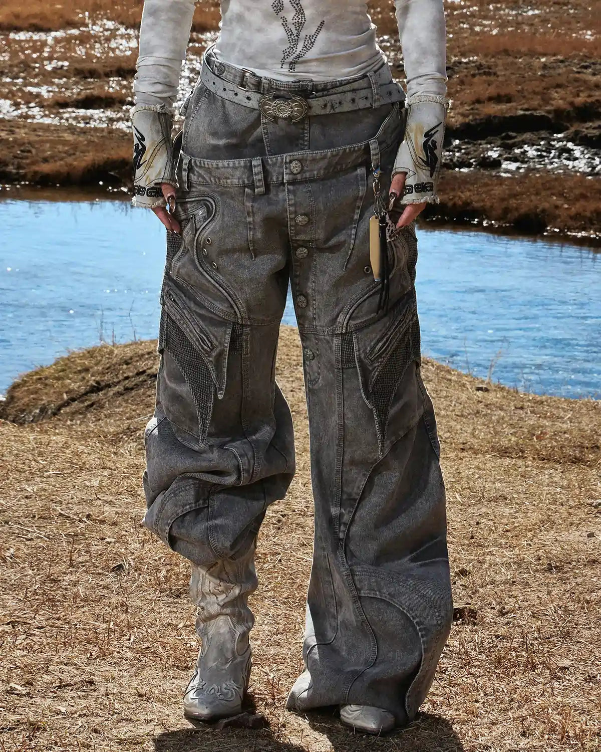Personsoul Mock Double-Waist Wide-Leg Cargo Pants “Grey”