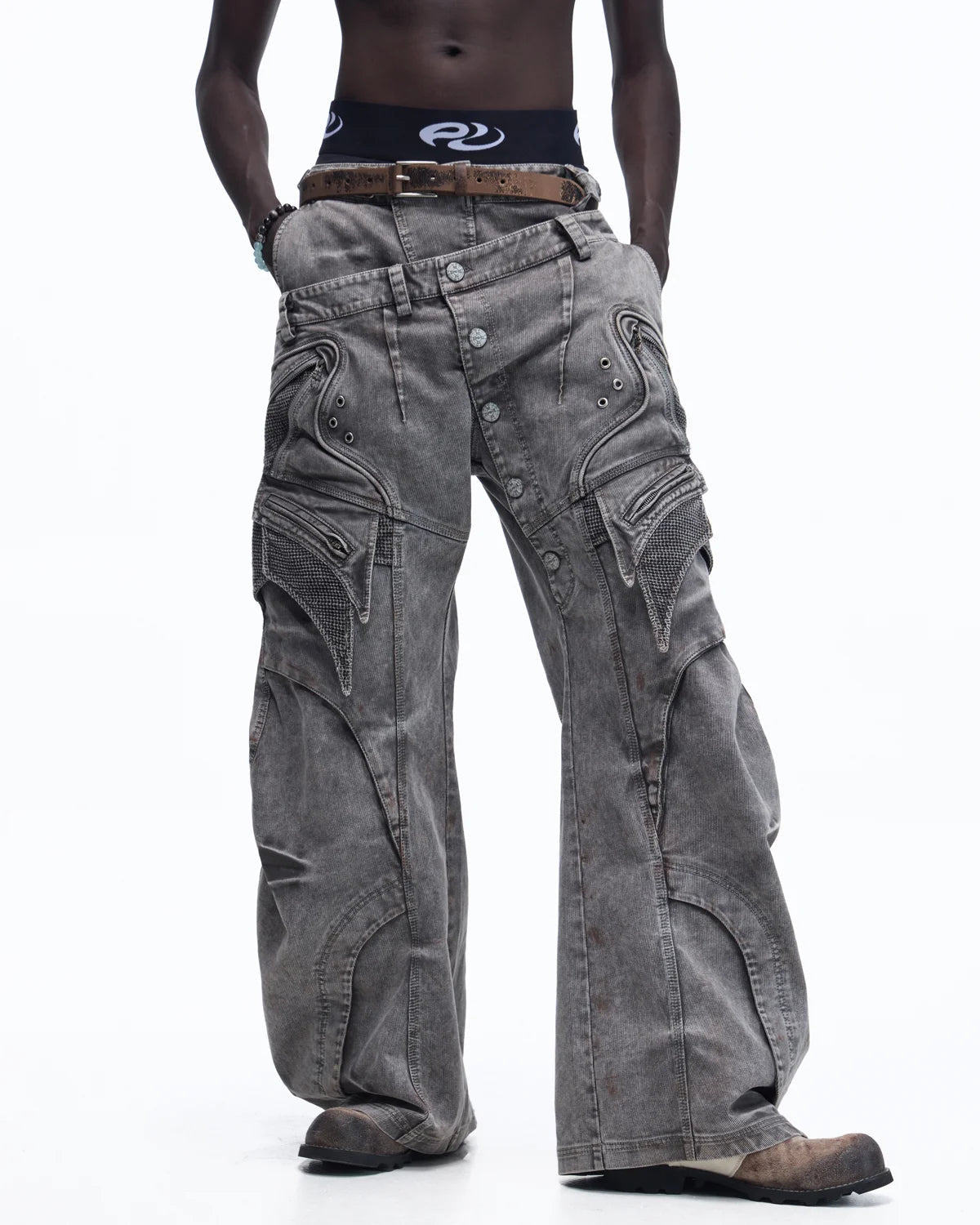 Personsoul Mock Double-Waist Wide-Leg Cargo Pants “Grey”