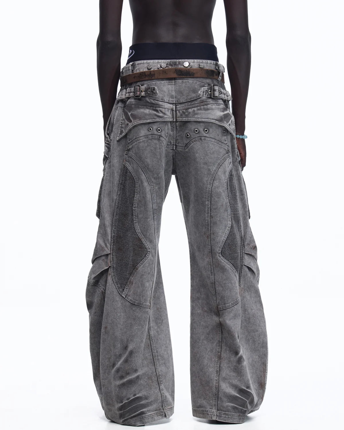 Personsoul Mock Double-Waist Wide-Leg Cargo Pants “Grey”