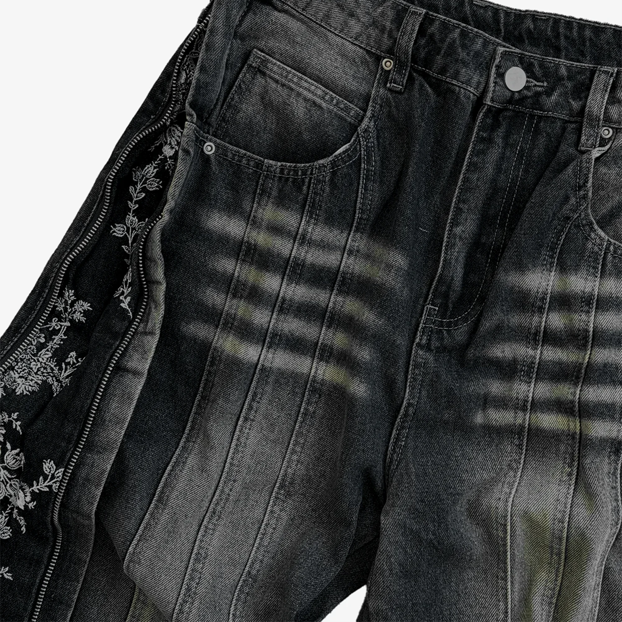 Floral Zip Jeans "Washed Black"
