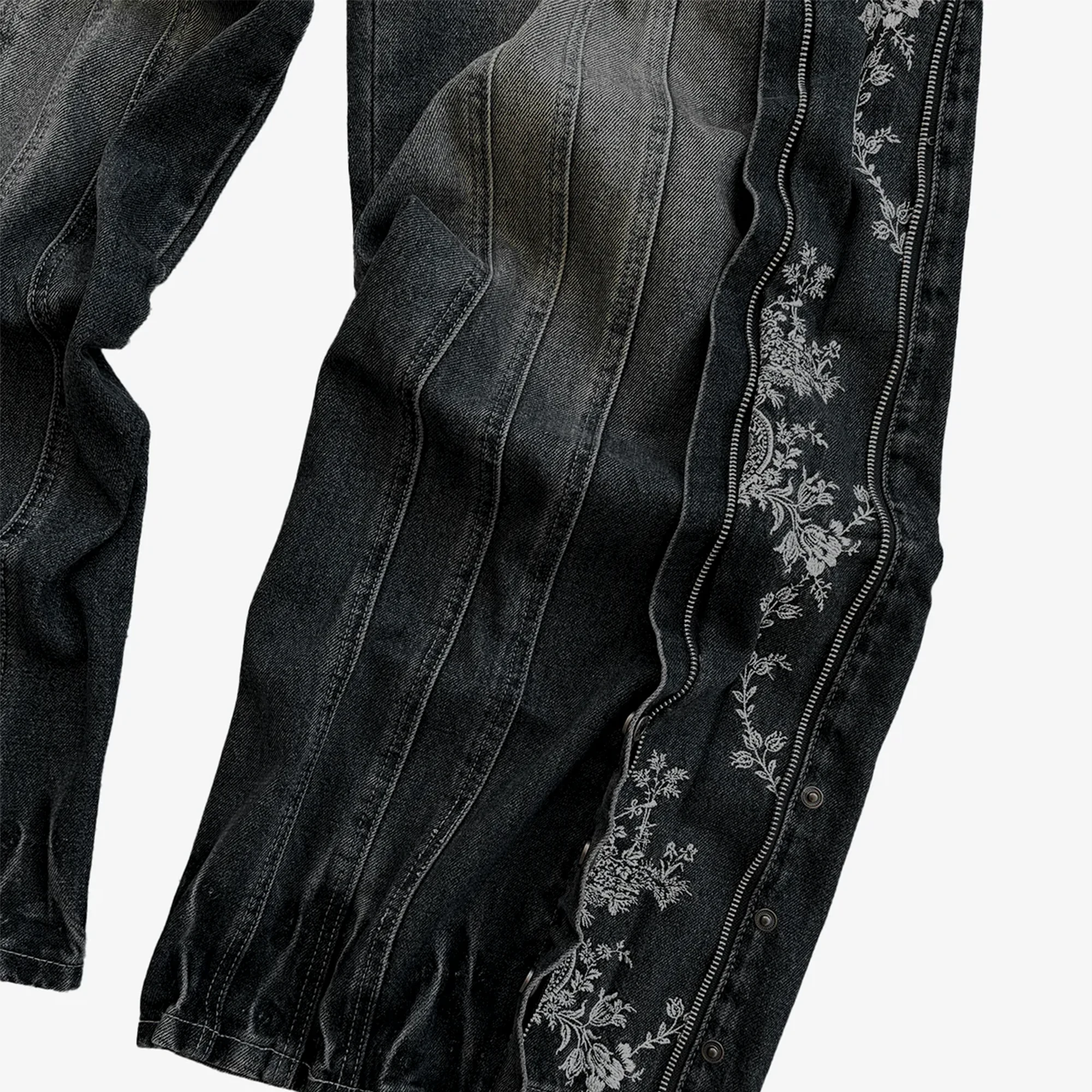 Floral Zip Jeans "Washed Black"