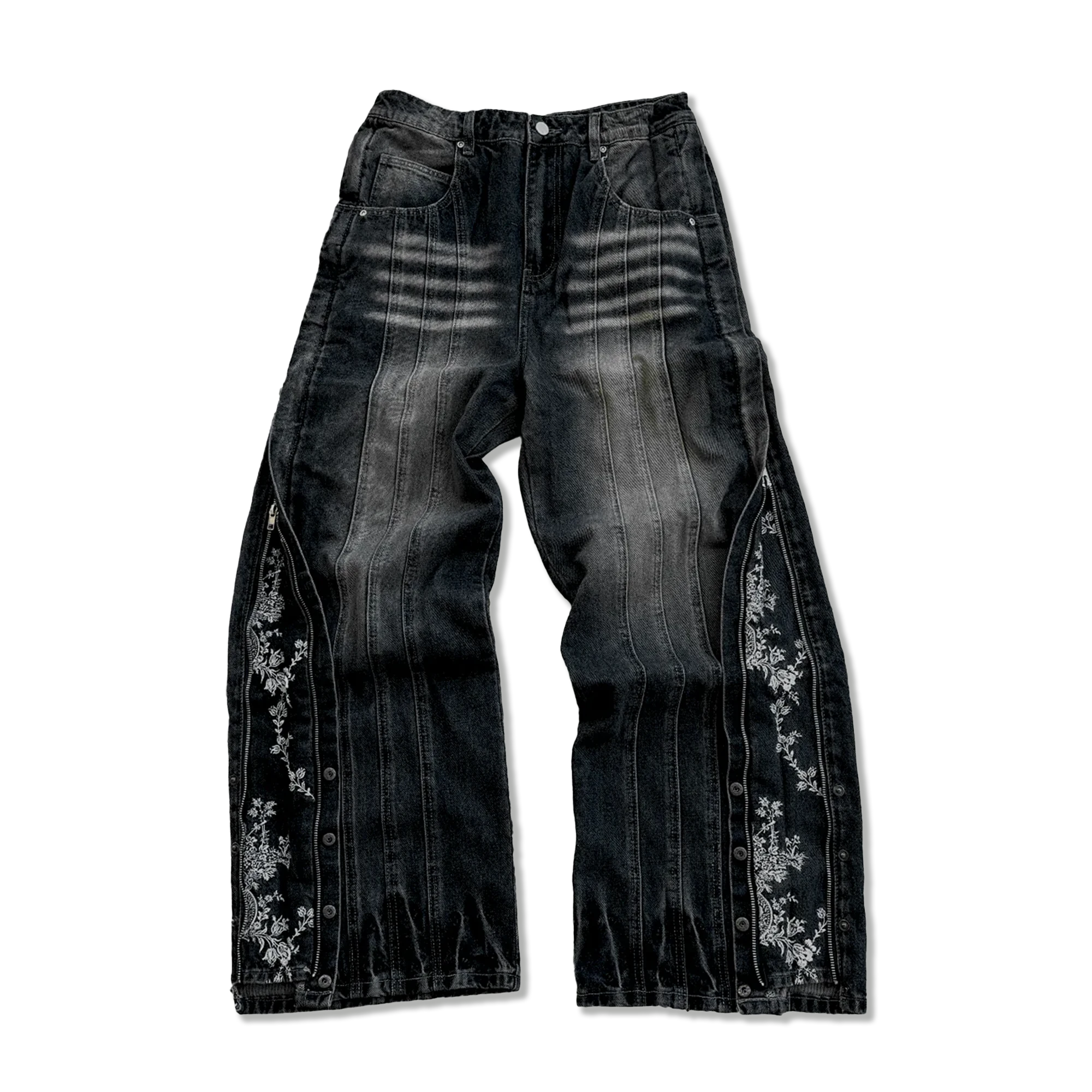 Floral Zip Jeans "Washed Black"