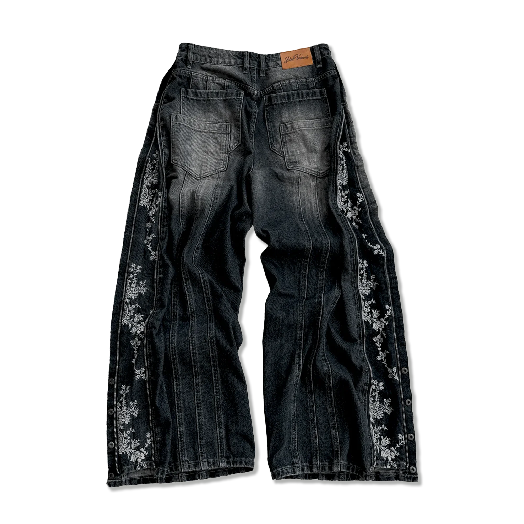 Floral Zip Jeans "Washed Black"