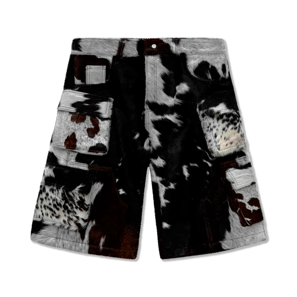 Utility Cowhide Cargo Leather Shorts “Brown and White”