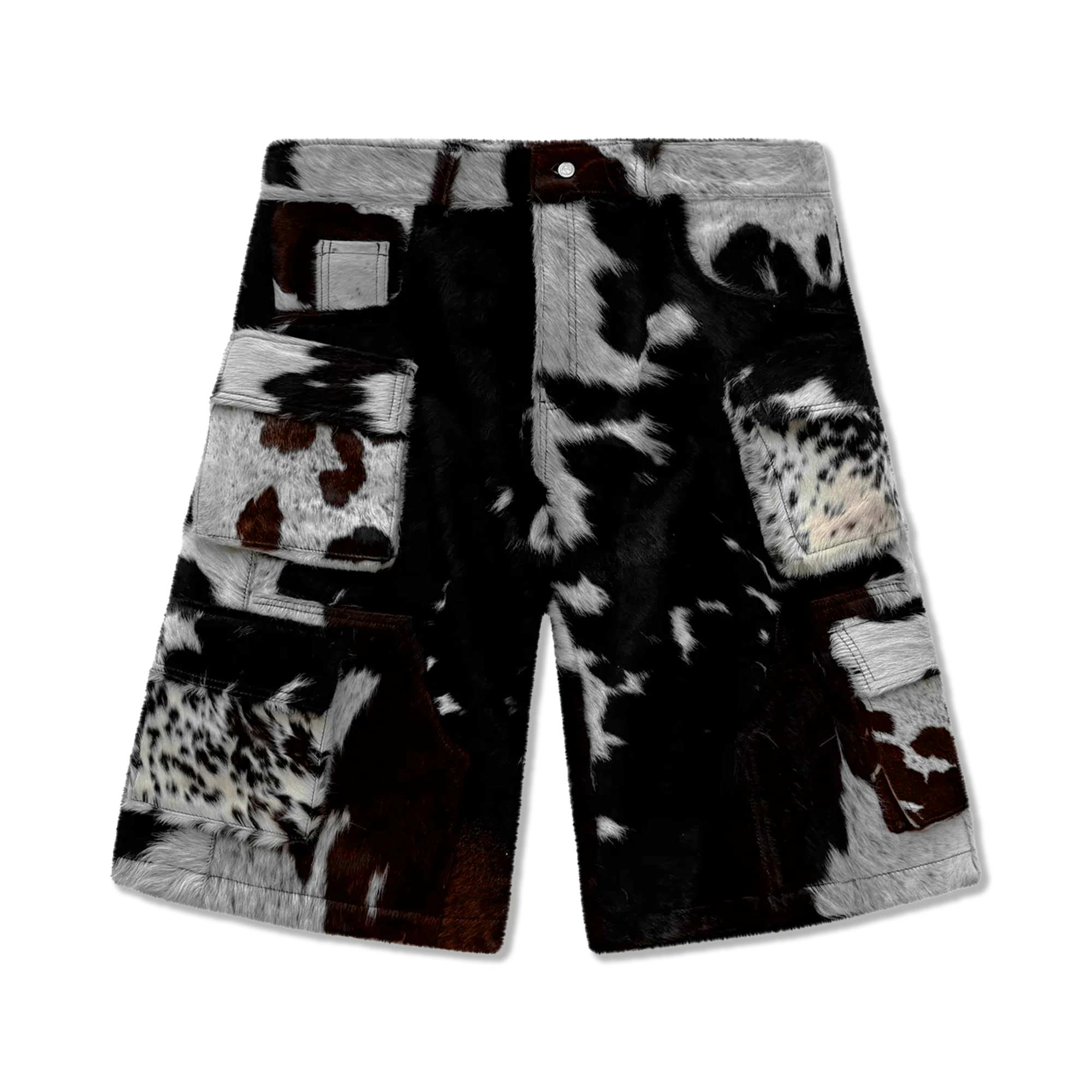 Utility Cowhide Cargo Leather Shorts “Brown and White”