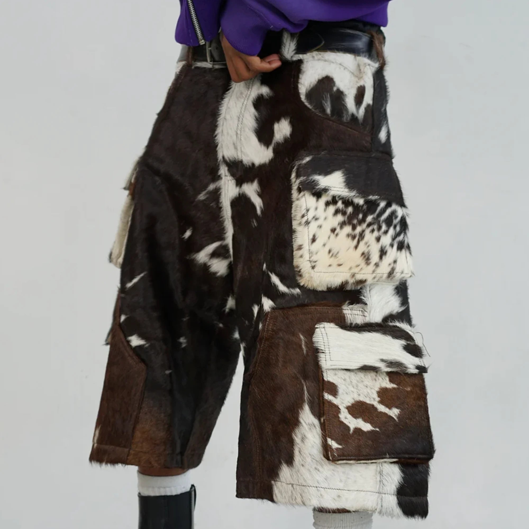 Utility Cowhide Cargo Leather Shorts “Brown and White”