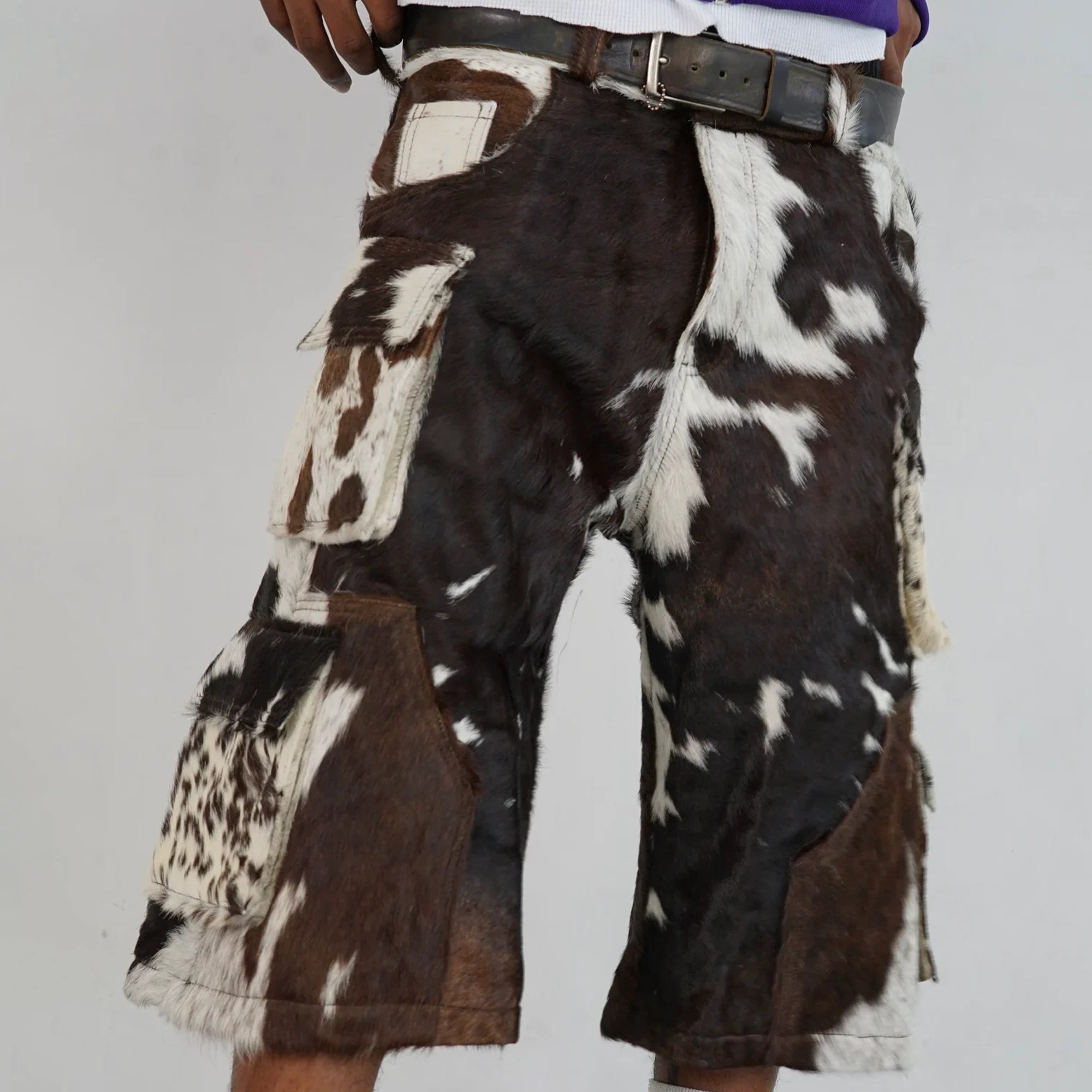 Utility Cowhide Cargo Leather Shorts “Brown and White”