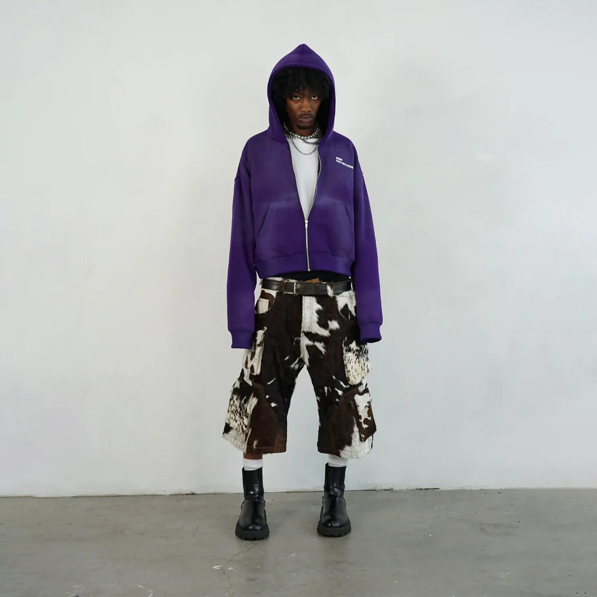 Utility Cowhide Cargo Leather Shorts “Brown and White”