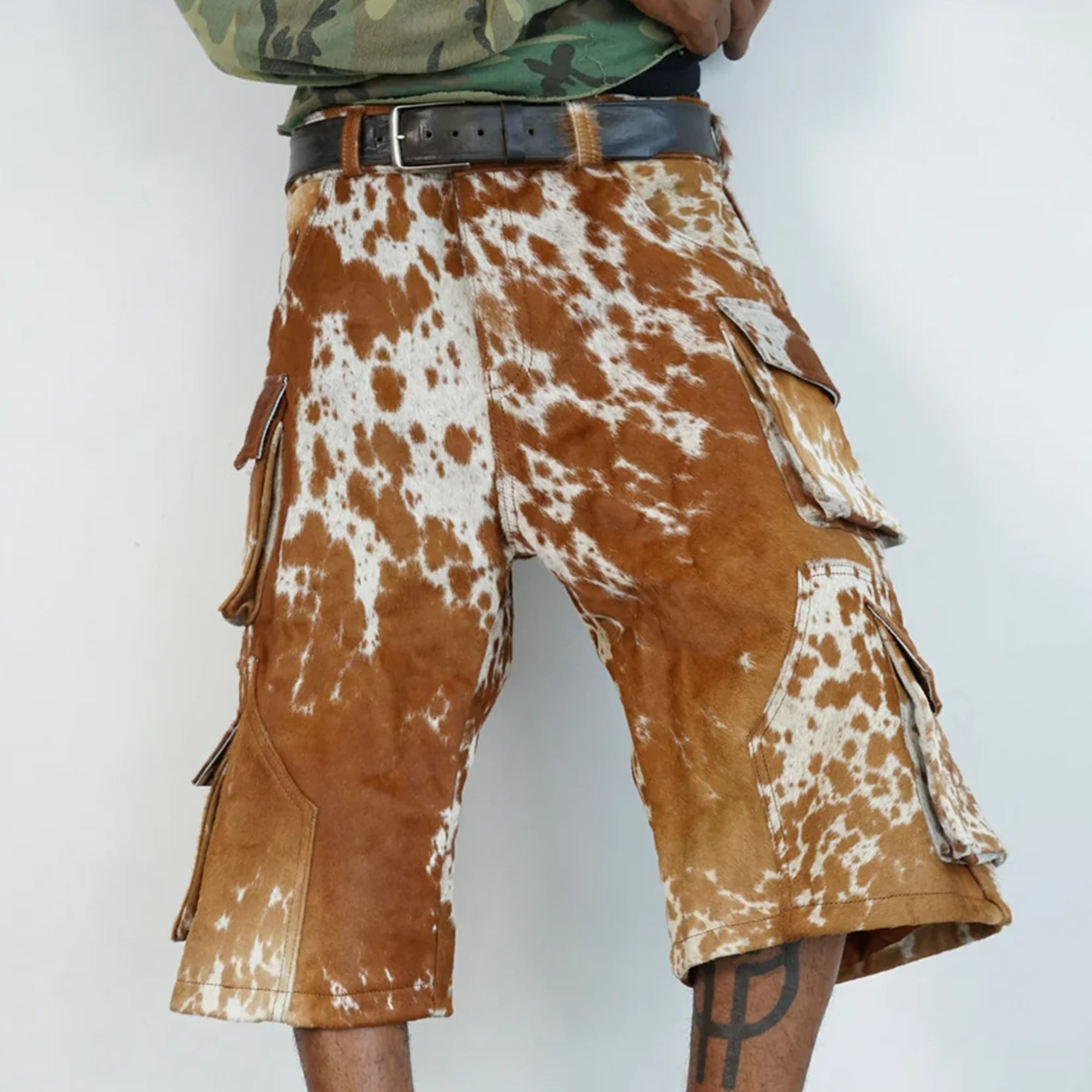 Cowhide Cargo Leather Shorts “Tan and White”