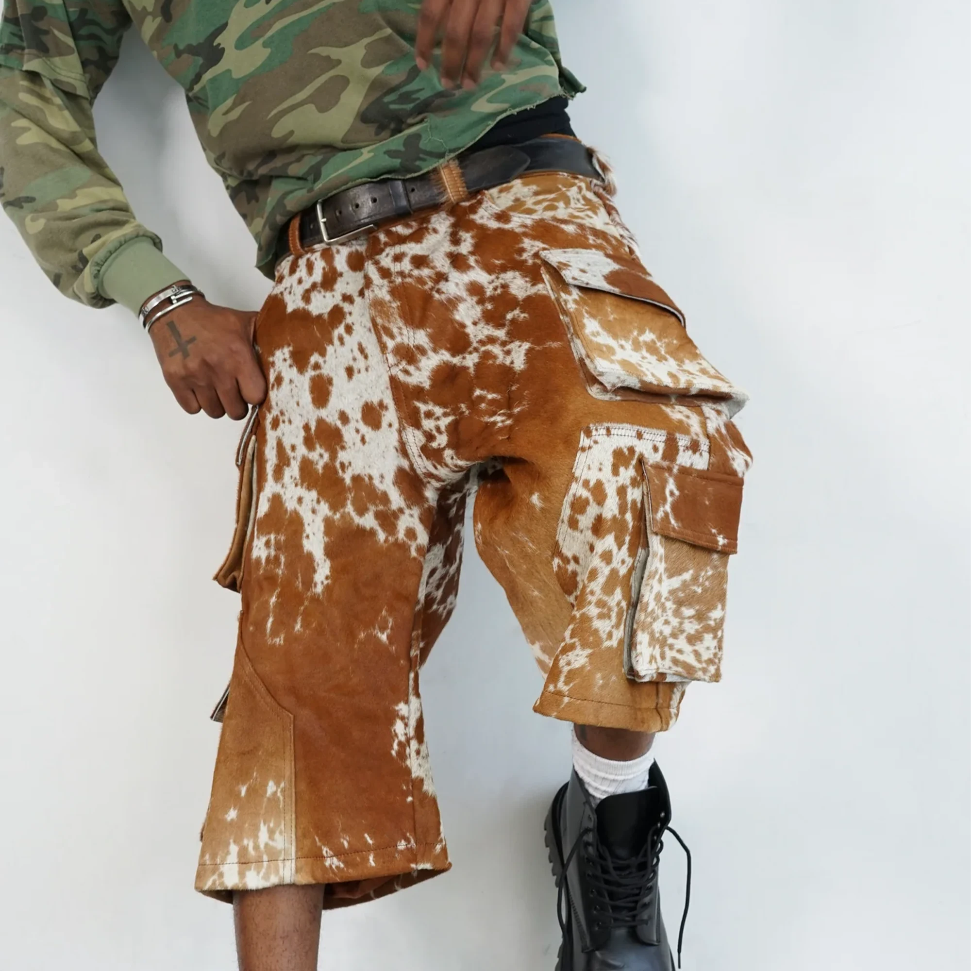 Cowhide Cargo Leather Shorts “Tan and White”