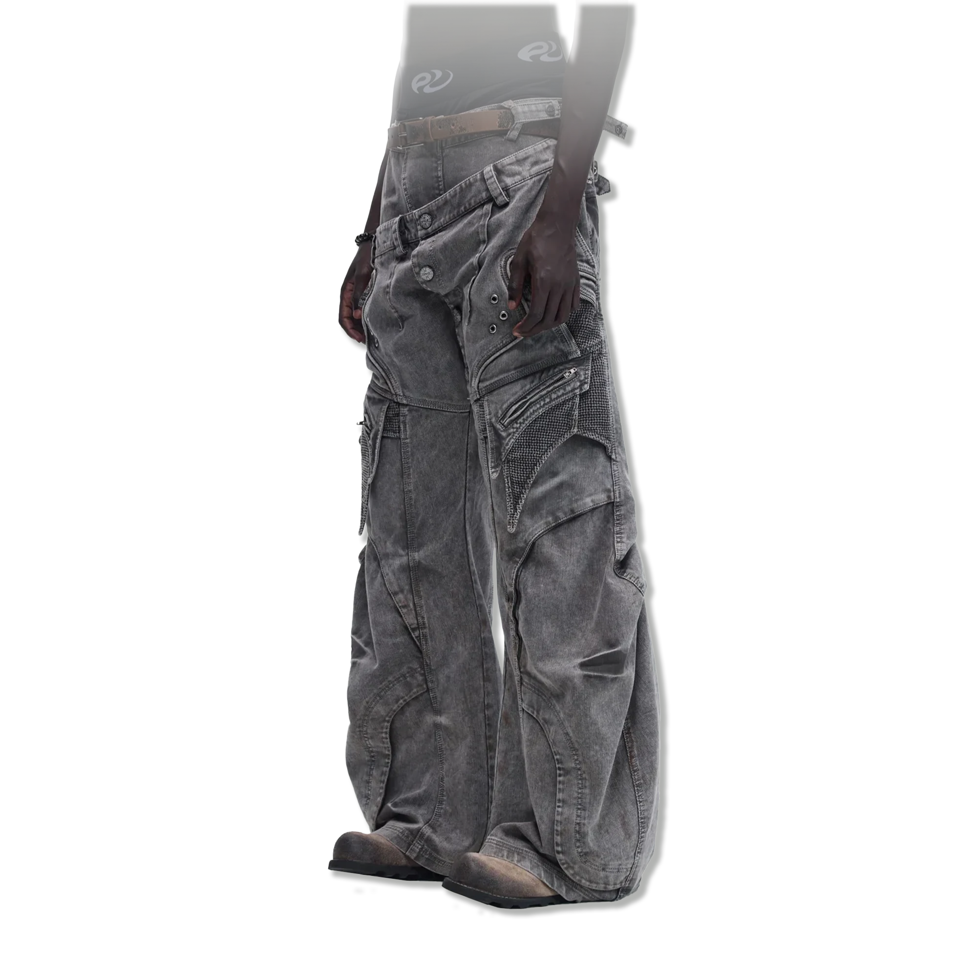 Mock Double-Waist Wide-Leg Cargo Pants “Grey”